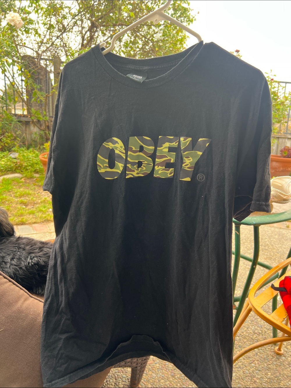 Obey Black Tee with Green Camo Logo